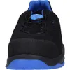 A close-up, front-facing view of a black safety shoe with blue accents. Produktbild-Vorschau