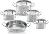 A set of stainless steel pots and pans with lids, arranged on a white background. Náhľad obrázku produktu
