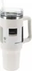 A white travel mug with a handle and straw, shown against a white background. Produktbild-Vorschau