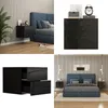 A collage of images showing a black high-gloss nightstand, both in a bedroom setting and as a standalone product. Podgląd zdjęcia produktu