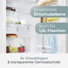 Interior view of a refrigerator with various food items and descriptive text overlays. Produktbild-Vorschau