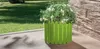 A green planter with white flowers sits on a tiled patio next to a stone wall. Produktbild-Vorschau