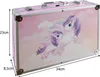 A pink suitcase with a unicorn design, showing dimensions. Náhled obrázku produktu