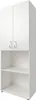 A white storage cabinet with two upper doors and two open shelves below, shown from a slightly angled front view. Produktbild-Vorschau