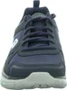 A close-up, front-facing view of a navy blue athletic shoe. Voir les images du produit