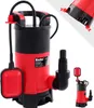 A collage of images showing a red and black submersible pump, with a close-up of its inlet and a smaller inset image of the pump.