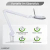 A white magnifying lamp with a clamp is shown, along with icons and text detailing its features. Produktbild-Vorschau