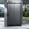 A modern black shower enclosure is set against a backdrop of a serene mountain landscape visible through large windows. Produktbild-Vorschau