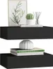 Two black floating shelves are displayed against a white background. The top shelf holds a framed picture of a plant, a potted cactus, and a set of reed diffusers. The bottom shelf displays two books and a decorative white vase. Produktbild-Vorschau