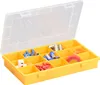 A yellow storage box with a clear lid, filled with various electrical connectors and a roll of red tape. Produktbild-Vorschau