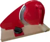 A red manual food slicer on a wooden base against a white background. Podgląd zdjęcia produktu