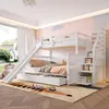 A child's bedroom with a white bunk bed, slide, and stairs, decorated with a pink and gray mural. Produktbild-Vorschau