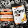 A product shot of a creatine supplement container with marketing text overlays. Produktbild-Vorschau