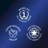 Three white circular logos with text on a dark blue gradient background. Produktbild-Vorschau