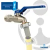A close-up of a faucet with a hose adapter and a section of yellow hose attached. Produktbild-Vorschau