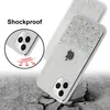 A glitter phone case is shown on a cracked concrete surface, with a circular graphic illustrating shock absorption. Náhľad obrázku produktu