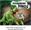 A green dinosaur is depicted emerging from a rocky, textured background, with text overlays. Produktbild-Vorschau