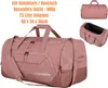 A collage of a pink duffel bag, showing different angles and close-ups, with text describing its features. Produktbild-Vorschau