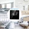 A collage of four different scenes showing the thermostat's wide application: a living room, a classroom, an office, and a hotel bedroom. The thermostat is prominently displayed in the center. Produktbild-Vorschau