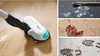 A collage showing a Bosch cordless vacuum cleaner and various types of dirt and messes it can clean. Produktbild-Vorschau