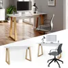A collage of images showing a white desk with wooden legs, a computer, and a chair, presented in different settings. Voir les images du produit