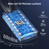 A close-up illustration of a vacuum cleaner battery pack with internal circuitry and battery cells, accompanied by text and icons detailing battery life and charging time. Produktbild-Vorschau