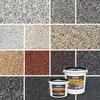 A collage of different textured finishes and two buckets of paint. Produktbild-Vorschau