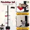 A collage of images showcasing a cat tree with various features and a cat interacting with it, set against a Halloween-themed background. Produktbild-Vorschau