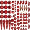 A collection of red Christmas ornaments and decorations arranged on a white background. Produktbild-Vorschau