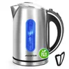 A stainless steel electric kettle with a blue illuminated water level indicator and a black handle, shown on a white background. A small black filter accessory is placed to the right of the kettle. Anteprima dell’immagine prodotto