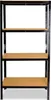 A black metal shelving unit with four wooden shelves, shown against a white background. Produktbild-Vorschau