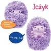 Two purple plush hedgehogs, one curled up and the other open, with speech bubbles and text. Náhled obrázku produktu