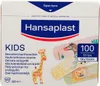 The image shows the front of a Hansaplast Kids bandages box, featuring cartoon animal designs on the bandages themselves. Produktbild-Vorschau