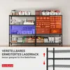 A multi-level storage rack filled with various household items, food, and appliances, with highlighted sections indicating adjustable features. Voir les images du produit