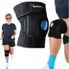 A collage of images showing a woman running with a knee brace, a close-up of the knee brace, and a leg wearing the knee brace. Produktbild-Vorschau