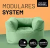 A light green beanbag chair is shown against an orange and green gradient background, with text overlays describing its features. Náhled obrázku produktu