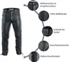 A product image of black leather pants with informational callouts. Produktbild-Vorschau