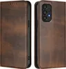 A brown leather flip case for a smartphone, shown from the front and back. Produktbild-Vorschau