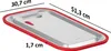 A rectangular metal tray with a red silicone rim and measurement labels indicating its dimensions. Produktbild-Vorschau