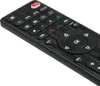 A close-up, angled view of a black universal remote control with textured detailing and various buttons. Voir les images du produit