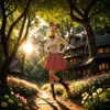 A woman dressed as Minnie Mouse poses on a path in a forest with a rustic cabin in the background. Produktbild-Vorschau