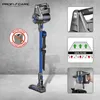 A cordless vacuum cleaner is displayed against a concrete wall background, with inset images highlighting its features. Produktbild-Vorschau