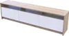 A long, low media console with three white cabinet doors and open shelving above. Náhled obrázku produktu