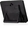 The back of a black digital alarm clock with a stand and buttons is shown against a white background. Produktbild-Vorschau