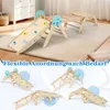 A collage of images showing a wooden indoor climbing set for children in various configurations, set on a light-colored rug. Podgląd zdjęcia produktu