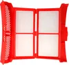 A red lint filter with white mesh screens, shown open and flat against a white background. Produktbild-Vorschau
