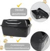 Collage of images showing a dark gray cat litter box from different angles, with close-ups and text overlays highlighting features. Produktbild-Vorschau
