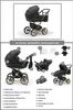 A collage of images showing a baby stroller and its various components, with numbered labels and descriptive text. Produktbild-Vorschau