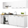 A white kitchen set with cabinets, a stove, and a sink, shown against a white background. Voir les images du produit