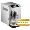 A stainless steel automatic coffee machine is shown against a white background, with a glass of coffee in front of it and a review badge to the right. Produktbild-Vorschau